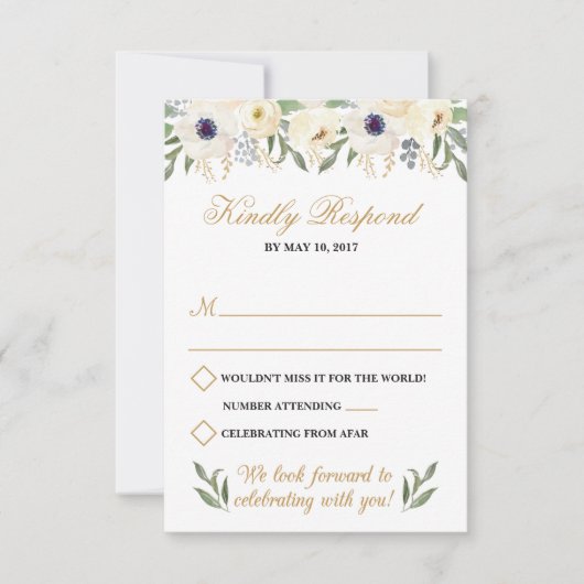 Carte RSVP de mariage Floral Blanc et Or (Devant)