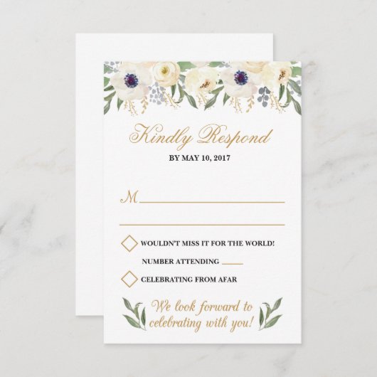 Carte RSVP de mariage Floral Blanc et Or (Devant / Derrière)