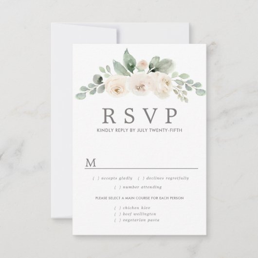 Carte RSVP de mariage floral blanc, options de rep (Devant)