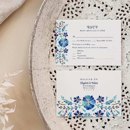 Carte RSVP de mariage Floral bleu et blanc