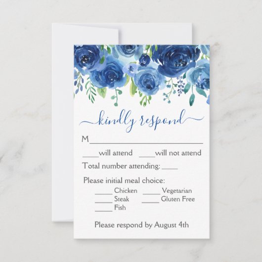 Carte RSVP de mariage floral bleu marine (Devant)