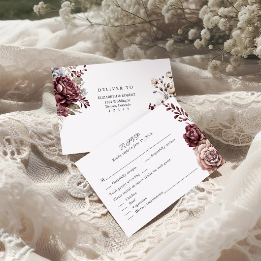 Carte RSVP de mariage floral Boho Bourgogne