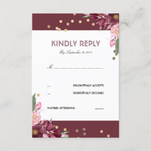Carte RSVP de mariage Floral Burgundy et Dots d'or