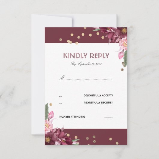 Carte RSVP de mariage Floral Burgundy et Dots d'or (Devant)