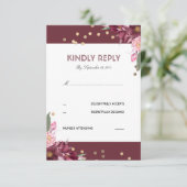 Carte RSVP de mariage Floral Burgundy et Dots d'or (Debout devant)
