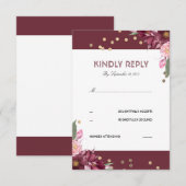 Carte RSVP de mariage Floral Burgundy et Dots d'or (Devant / Derrière)