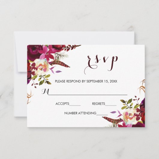 Carte RSVP de mariage floral de la marine de Bourg (Devant)