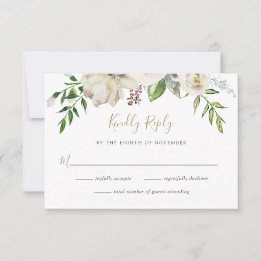 Carte RSVP de mariage floral en fleurs dorées (Devant)
