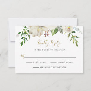 Carte RSVP de mariage floral en fleurs dorées