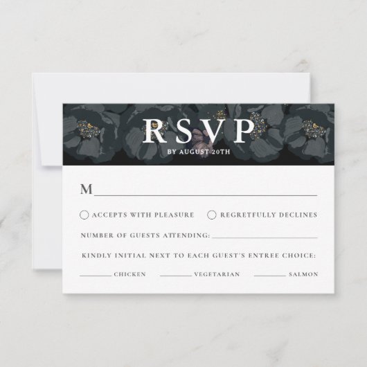 Carte RSVP de mariage floral noir et blanc (Devant)