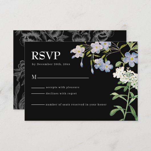 Carte RSVP de mariage floral noir et blanc moderne (Devant / Derrière)