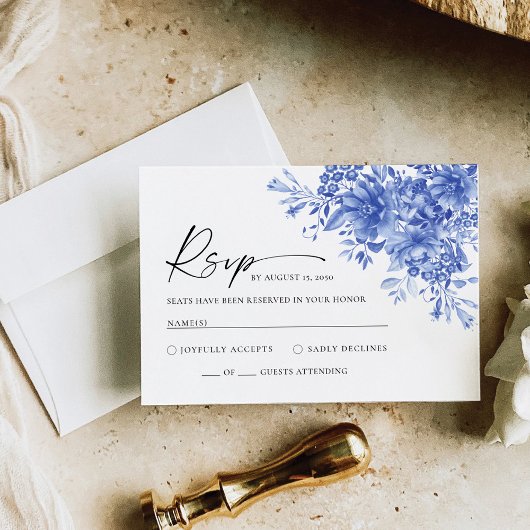 Carte RSVP de mariage Floral Porcelaine Bleue
