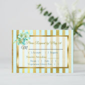 Carte RSVP de mariage floral rayé bleu et or (Debout devant)