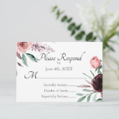 Carte RSVP de mariage floral rose bordeaux et bleu (Debout devant)