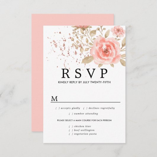 Carte RSVP de mariage floral rose, options de repa (Devant / Derrière)