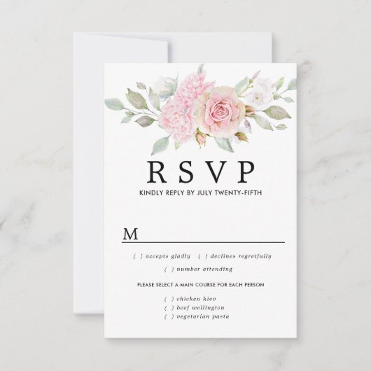 Carte RSVP de mariage floral rose, options de repa (Devant)