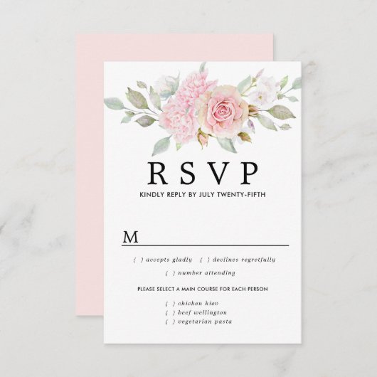 Carte RSVP de mariage floral rose, options de repa (Devant / Derrière)