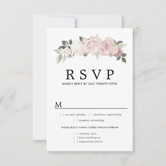 Carte RSVP de mariage floral rose, options de repa (Devant)