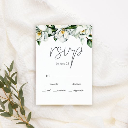 Carte RSVP de mariage floral rustique Magnolia bla