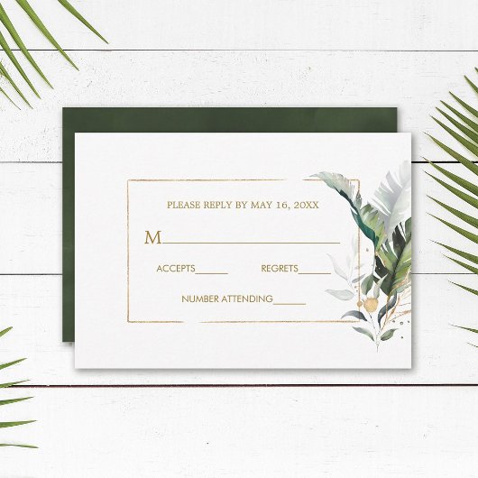 Carte RSVP de mariage Gold Foliage Aquarelle Tropi