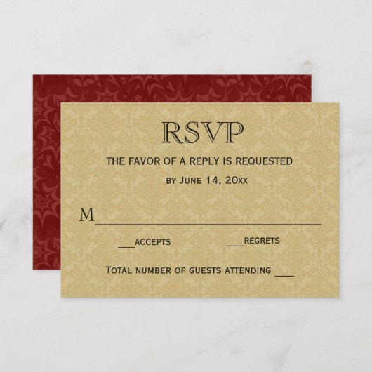 Carte RSVP de mariage / Gold & Maroon Damask (Devant / Derrière)