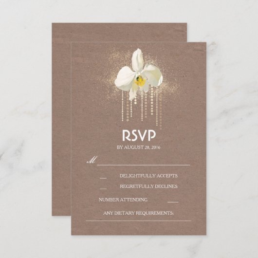 Carte RSVP de mariage Gold Orchidées Blanches (Devant / Derrière)