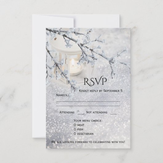 Carte RSVP de mariage hivernal à neige mousseuse (Devant)