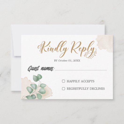 Carte RSVP de mariage horizontal Gold Greenery (Devant)