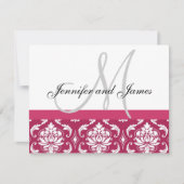 Carte RSVP de mariage Hot rose Damask Monogramme & (Devant)