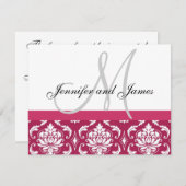 Carte RSVP de mariage Hot rose Damask Monogramme & (Devant / Derrière)