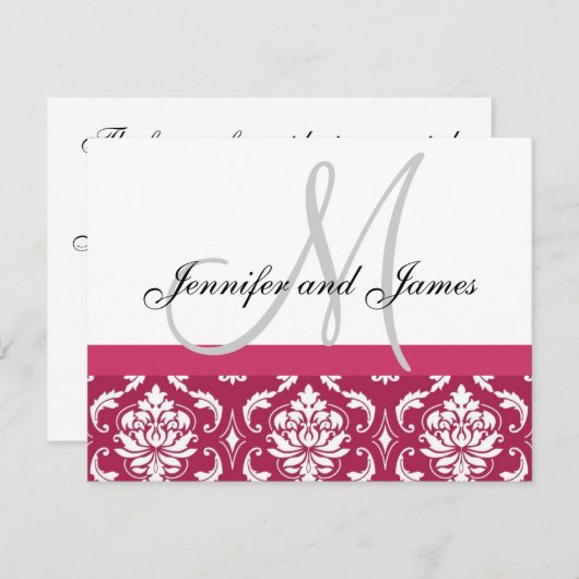 Carte RSVP de mariage Hot rose Damask Monogramme & (Devant / Derrière)