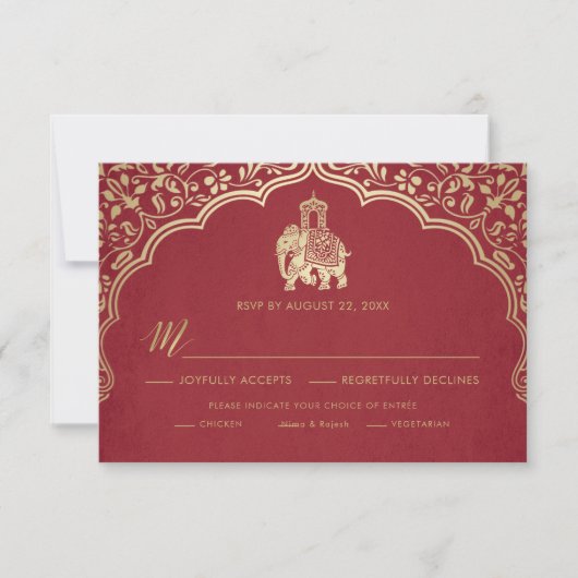 Carte RSVP de mariage indien, blanc et or (Devant)