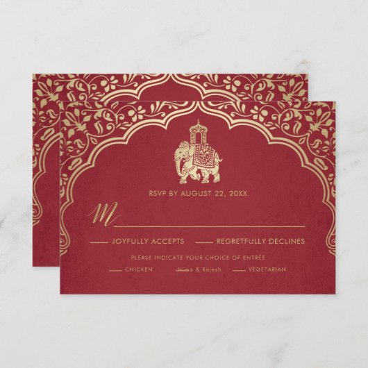Carte RSVP de mariage indien, blanc et or (Devant / Derrière)