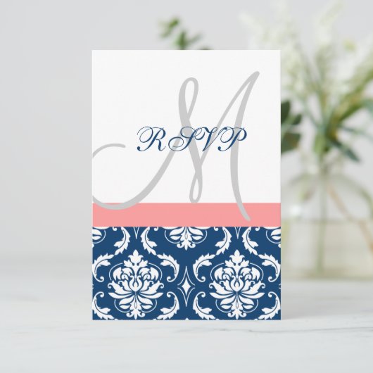 Carte RSVP de mariage initial pour corail bleu mar (Debout devant)