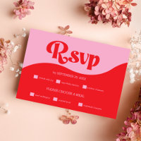 Carte RSVP de mariage les années 70 rose et rouge
