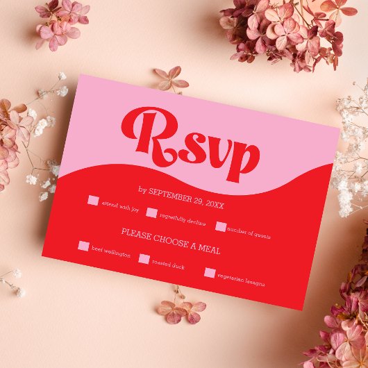 Carte RSVP de mariage les années 70 rose et rouge