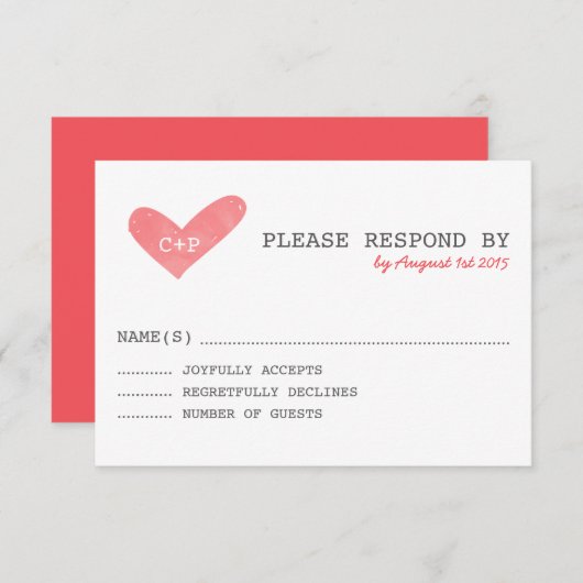 Carte RSVP de mariage manuscrite Watercolor Heart (Devant / Derrière)
