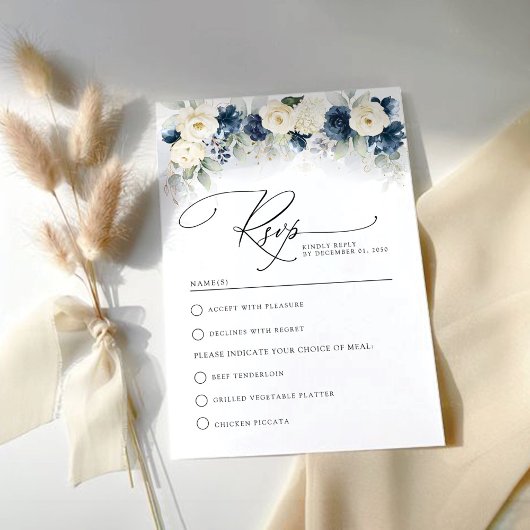 Carte RSVP de mariage Marine bleu et blanc Roses