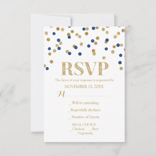 Carte RSVP de mariage Marine Blue Gold Confetti (Devant)