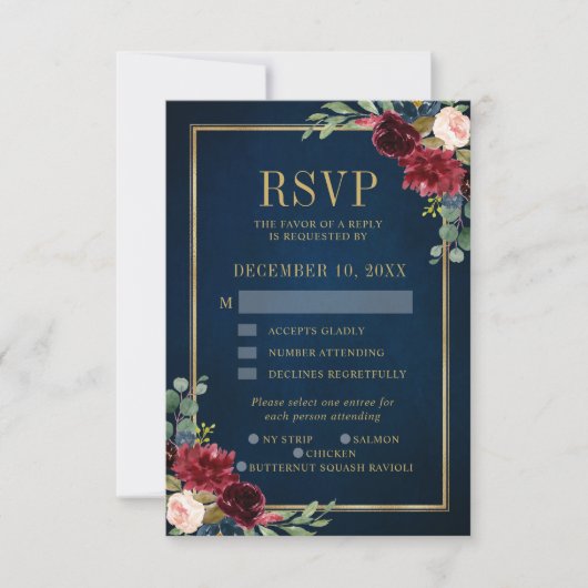 Carte RSVP de mariage Marine Floral Gold Frame de  (Devant)