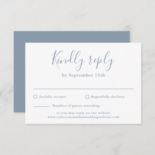 Carte RSVP de mariage minimal bleu Dusty (Devant / Derrière)