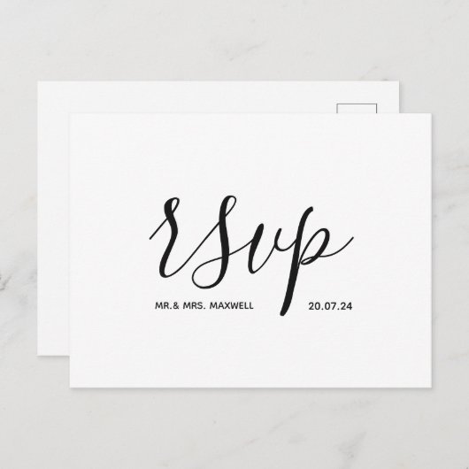 Carte Rsvp de mariage moderne Script noir et blanc (Devant / Derrière)