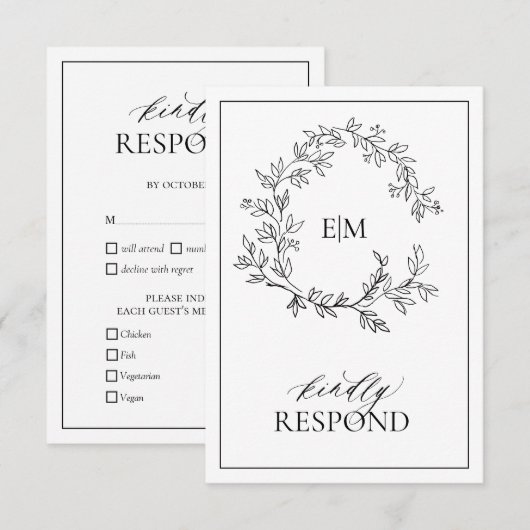 Carte RSVP de mariage Monogramme de crête noire bl (Devant / Derrière)