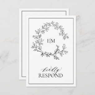 Carte RSVP de mariage Monogramme de crête noire bl