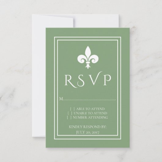 Carte RSVP de mariage Moss Green Fleur de Lis (Devant)