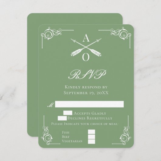 Carte RSVP de mariage Moss Green Monogram et Flèch (Devant / Derrière)