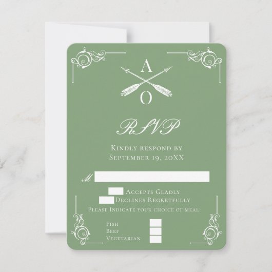Carte RSVP de mariage Moss Green Monogram et Flèch (Devant)
