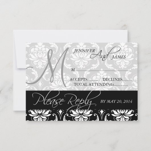 Carte RSVP de mariage Noir Damas Noms Monogrammes (Devant)