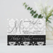 Carte RSVP de mariage Noir Damas Noms Monogrammes (Debout devant)