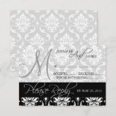 Carte RSVP de mariage Noir Damas Noms Monogrammes (Devant / Derrière)